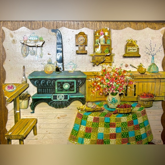 Vintage Country Kitchen 3D Paper Art Wall Decor Wooden Base - Picture 2 of 5